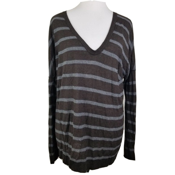 Vince Sweaters - Vince Womens Linen Knit Striped V-Neck Brown Long Sleeve Sweater medium relaxed